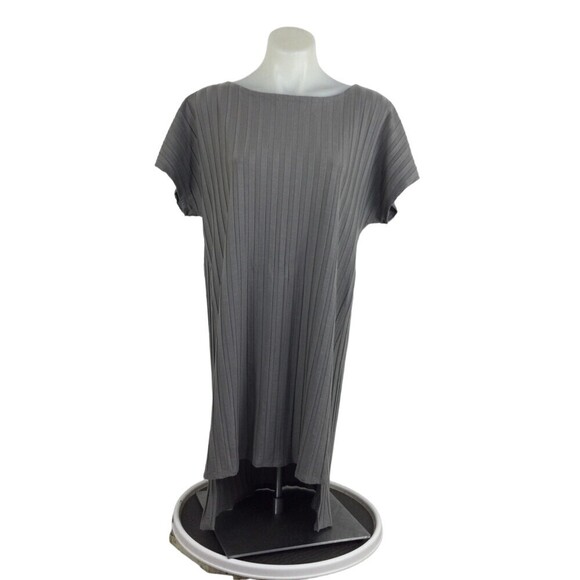 Eileen Fisher Bateau Neck Wide Rib Stretch Tunic Knit Shirt Top Zinc Gray Large - Picture 1 of 8